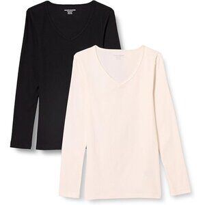 V-Neck Long Sleeve Knit Ribbed Top Pack Of 2 Eggshell White & Black Size 5X